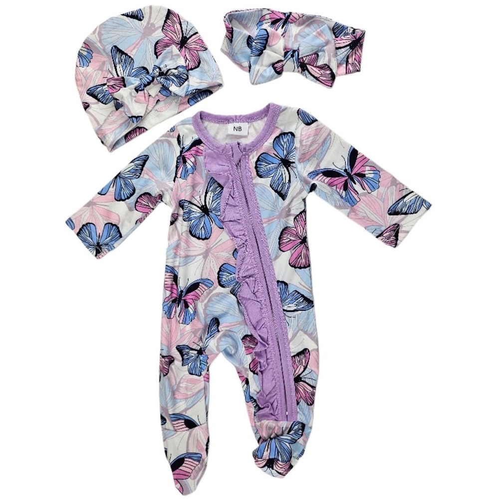 Baby Girl Newborn Butterfly Sleeper Outfit With Hat Headband 3pc Set Purple Blue